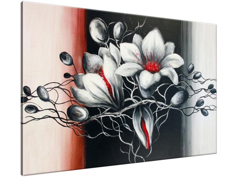 Schilderij handgeschilderd Bloemen | Grijs , Zwart , Rood | 120x70cm 1Luik