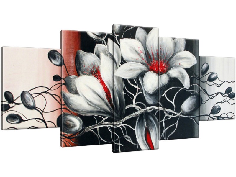 Schilderij handgeschilderd Bloemen | Grijs , Zwart , Rood | 150x70cm 5Luik