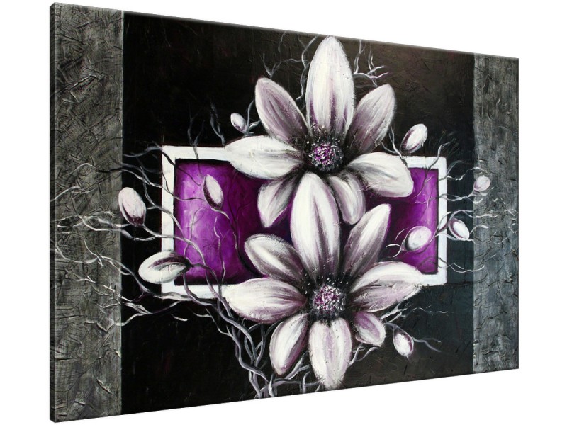 Schilderij handgeschilderd Bloemen | Paars , Grijs , Zwart | 120x70cm 1Luik