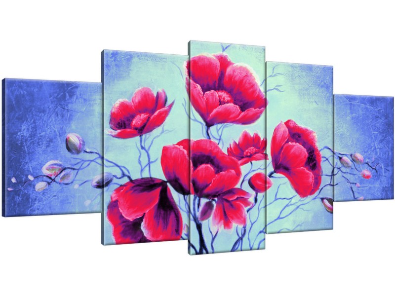 Schilderij handgeschilderd Bloemen | Rood , Blauw , Groen | 150x70cm 5Luik