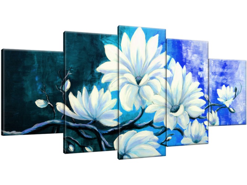 Schilderij handgeschilderd Bloemen | Turquoise , Blauw | 150x70cm 5Luik
