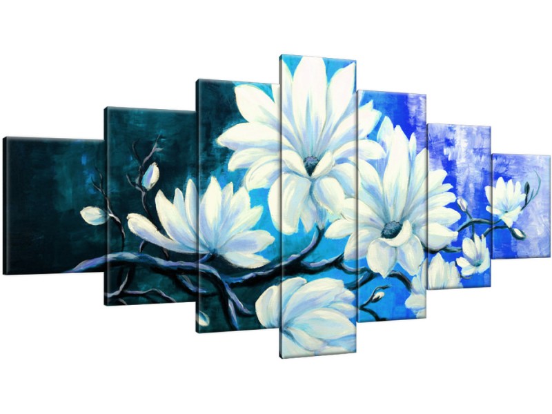 Schilderij handgeschilderd Bloemen | Turquoise , Blauw | 210x100cm 7Luik