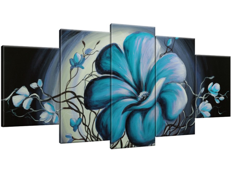 Schilderij handgeschilderd Modern | Turquoise , Blauw | 150x70cm 5Luik