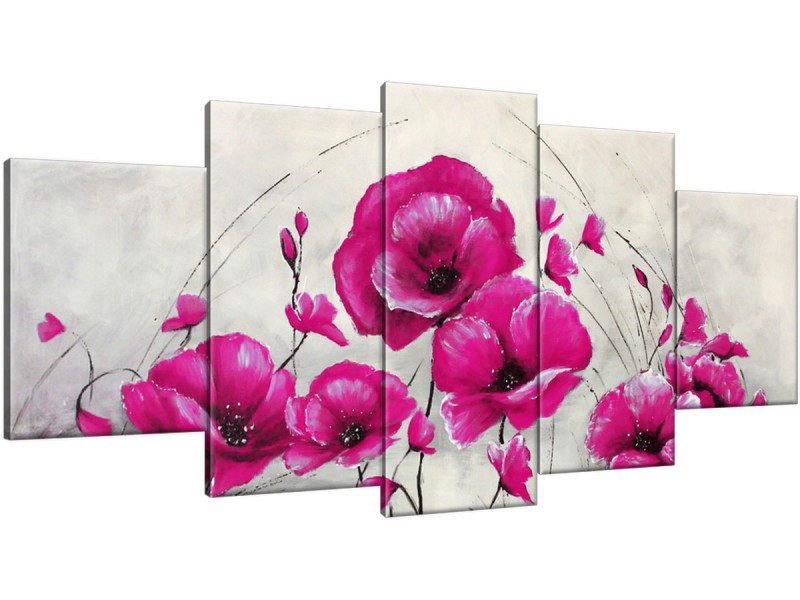 Schilderij handgeschilderd Klaproos | Roze , Grijs | 150x70cm 5Luik