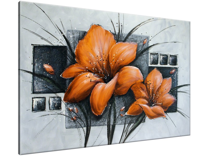 Schilderij handgeschilderd Bloemen | Bruin , Oranje , Grijs | 120x70cm 1Luik