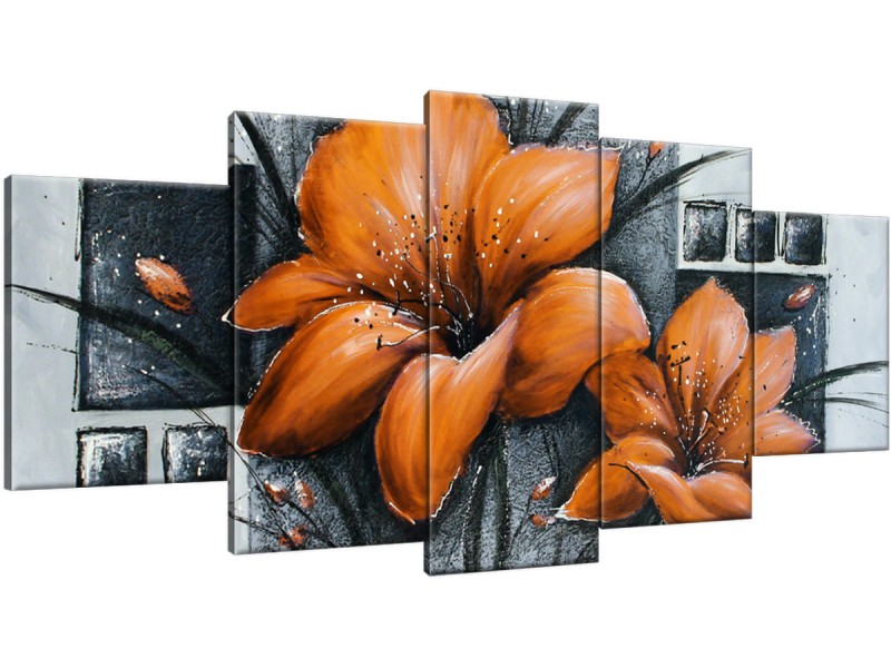 Schilderij handgeschilderd Bloemen | Bruin , Oranje , Grijs | 150x70cm 5Luik