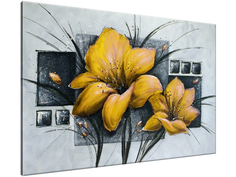 Schilderij handgeschilderd Bloemen | Geel , Grijs | 120x70cm 1Luik
