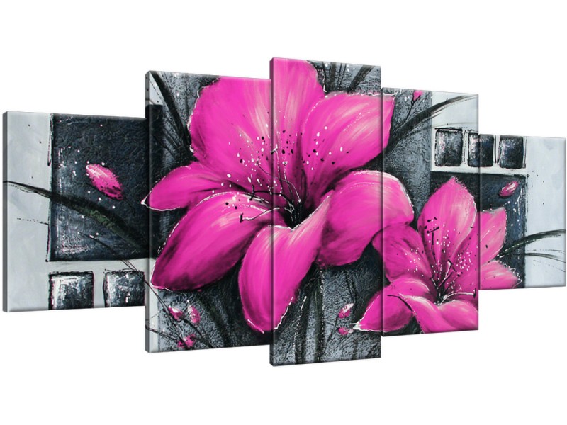 Schilderij handgeschilderd Bloemen | Roze , Grijs | 150x70cm 5Luik