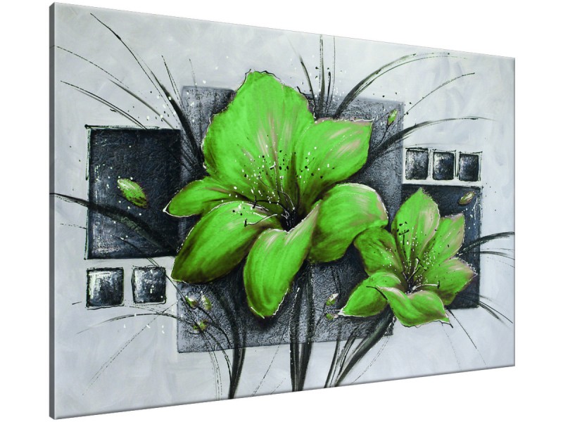 Schilderij handgeschilderd Bloemen | Groen , Grijs | 120x70cm 1Luik