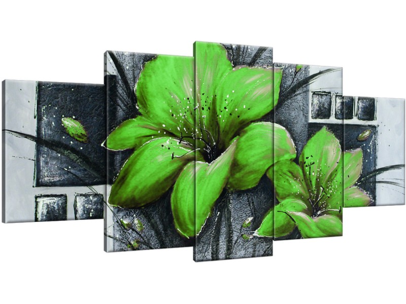 Schilderij handgeschilderd Bloemen | Groen , Grijs | 150x70cm 5Luik