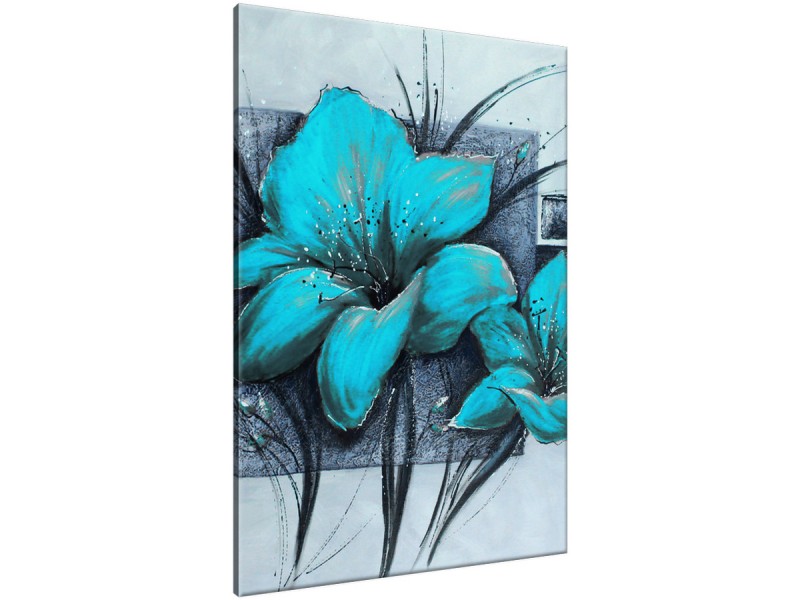 Schilderij handgeschilderd Bloemen | Turquoise , Grijs | 70x120cm 1Luik