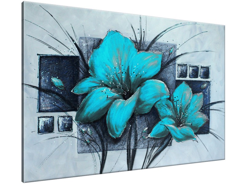 Schilderij handgeschilderd Bloemen | Turquoise , Grijs | 120x70cm 1Luik