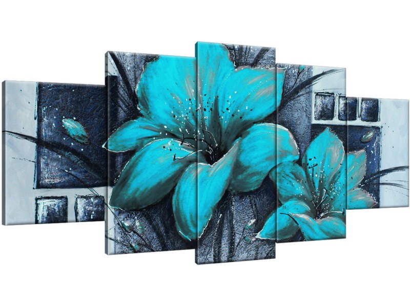 Schilderij handgeschilderd Bloemen | Turquoise , Grijs | 150x70cm 5Luik