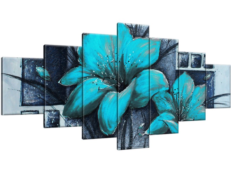 Schilderij handgeschilderd Bloemen | Turquoise , Grijs | 210x100cm 7Luik