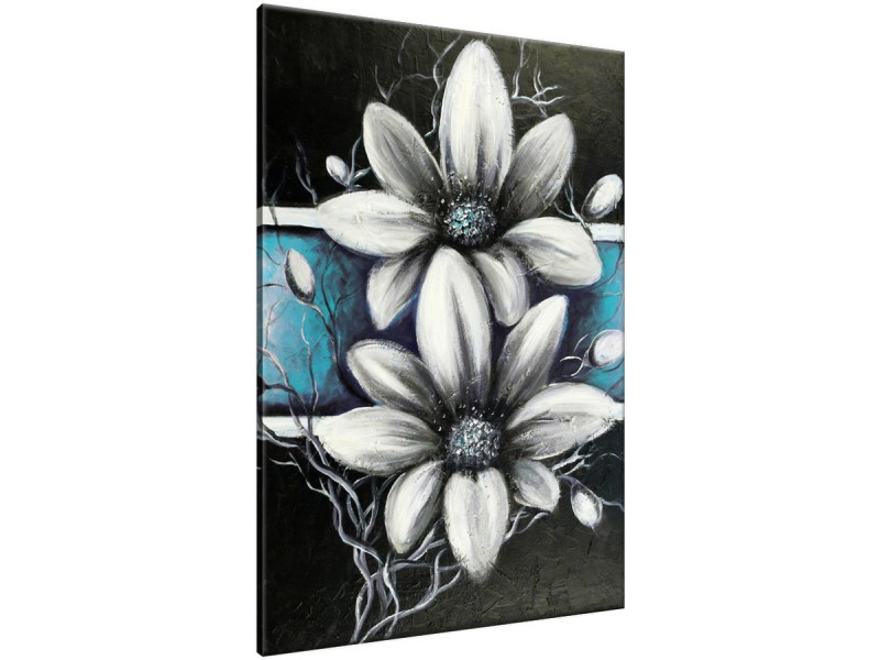 Schilderij handgeschilderd Bloemen | Turquoise , Grijs , Zwart | 70x120cm 1Luik