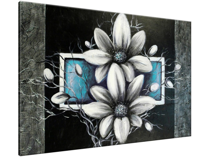 Schilderij handgeschilderd Bloemen | Turquoise , Grijs , Zwart | 120x70cm 1Luik