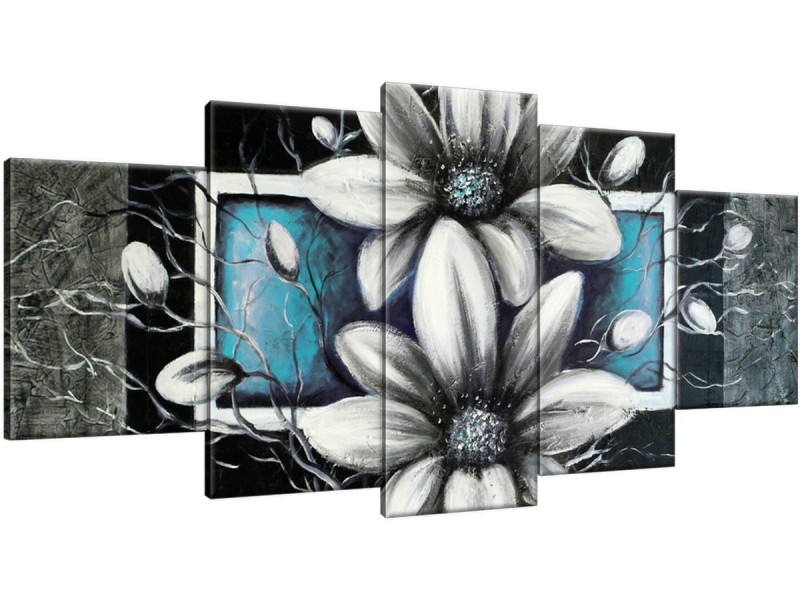 Schilderij handgeschilderd Bloemen | Turquoise , Grijs , Zwart | 150x70cm 5Luik