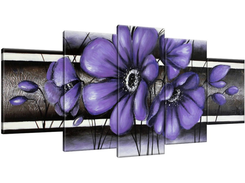 Schilderij handgeschilderd Bloemen | Paars , Grijs | 150x70cm 5Luik