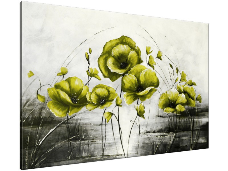 Schilderij handgeschilderd Klaproos | Groen , Geel , Grijs | 120x70cm 1Luik
