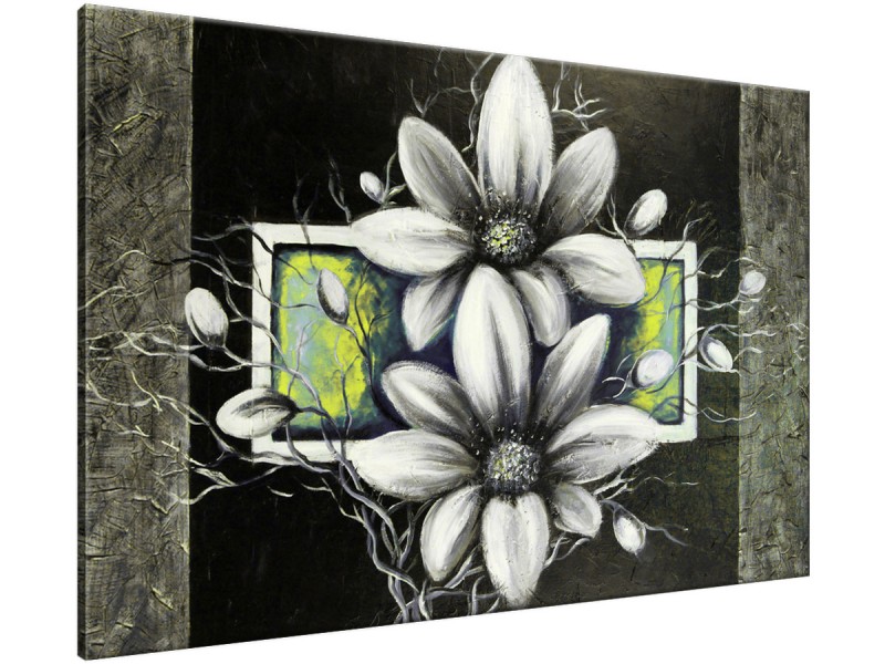 Schilderij handgeschilderd Bloemen | Grijs , Geel , Groen | 120x70cm 1Luik