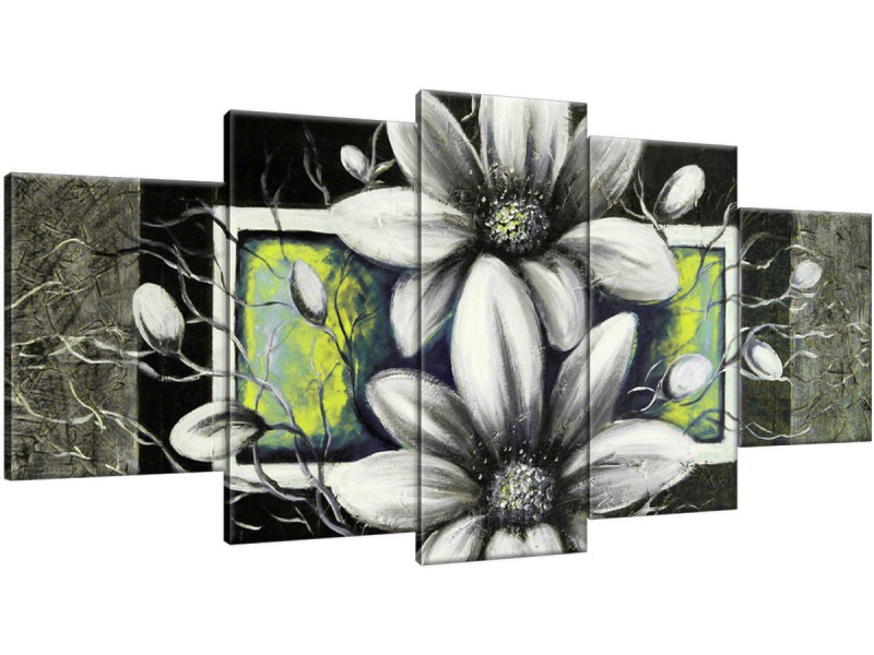 Schilderij handgeschilderd Bloemen | Grijs , Geel , Groen | 150x70cm 5Luik