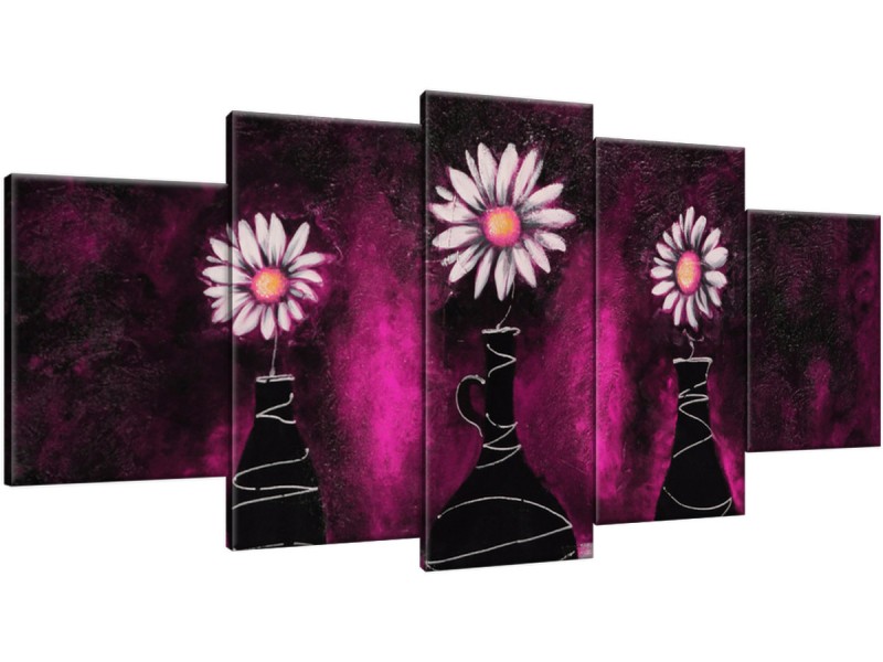 Schilderij handgeschilderd Madeliefje | Roze , Paars , Zwart | 150x70cm 5Luik