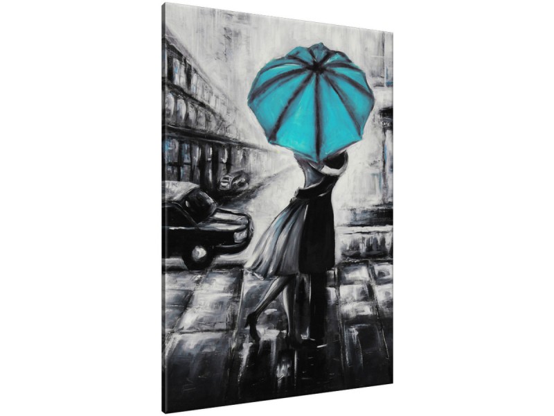 Schilderij handgeschilderd Liefde | Turquoise , Zwart , Grijs | 70x120cm 1Luik