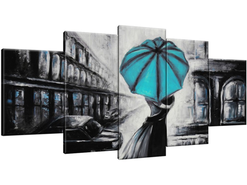 Schilderij handgeschilderd Liefde | Turquoise , Zwart , Grijs | 150x70cm 5Luik