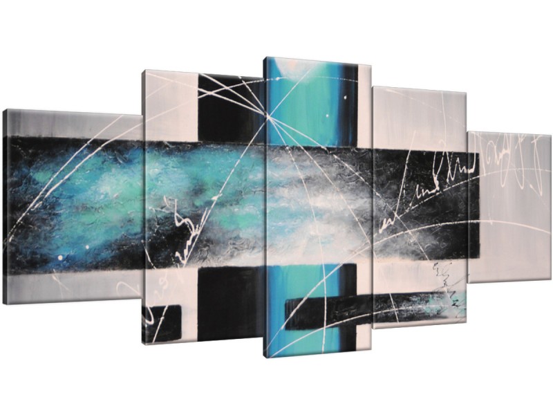 Schilderij handgeschilderd Modern | Turquoise , Grijs | 150x70cm 5Luik