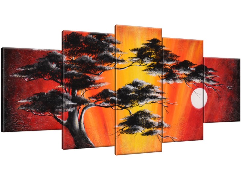Schilderij handgeschilderd Boom | Rood , Geel , Zwart | 150x70cm 5Luik