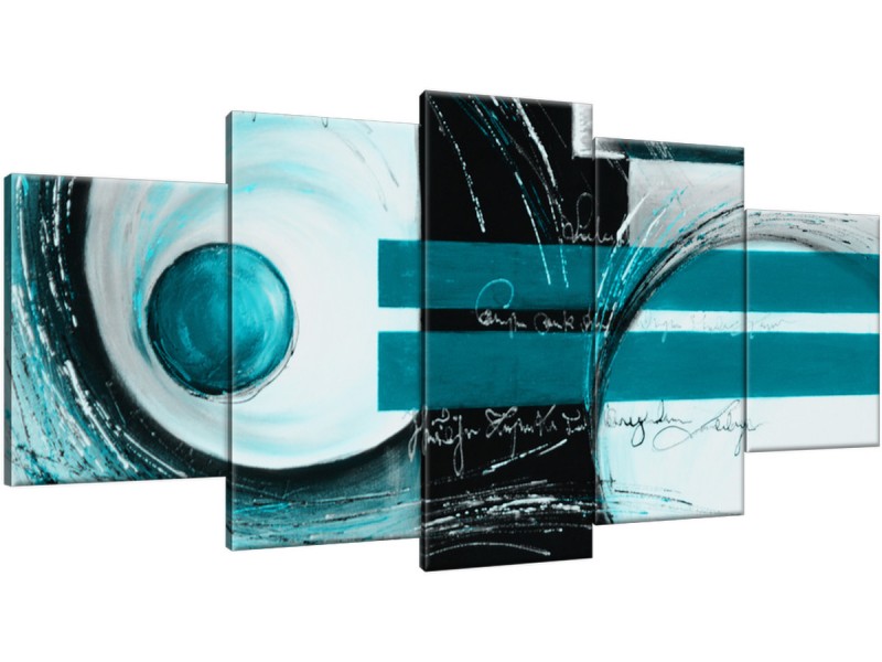 Schilderij handgeschilderd Modern | Turquoise , Zwart | 150x70cm 5Luik