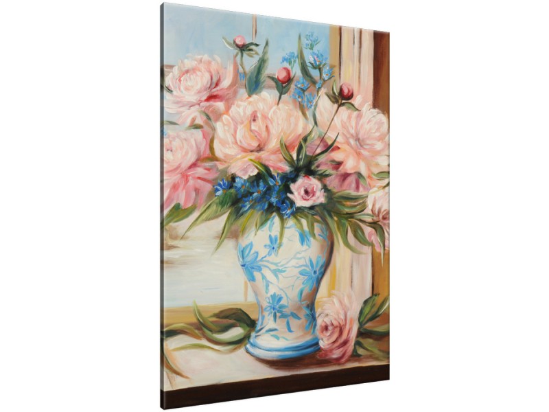 Schilderij handgeschilderd Bloemen in vaas | Roze , Grijs , Blauw | 70x120cm 1Luik