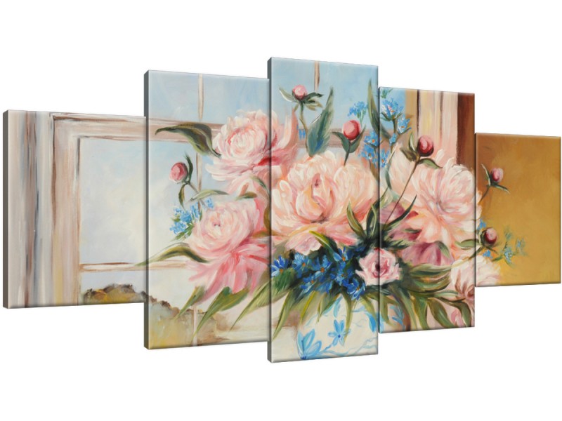 Schilderij handgeschilderd Bloemen in vaas | Roze , Grijs , Blauw | 150x70cm 5Luik