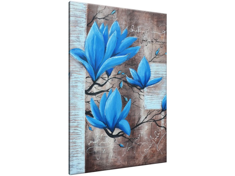 Schilderij handgeschilderd Magnolia | Blauw , Grijs , Bruin | 70x120cm 1Luik