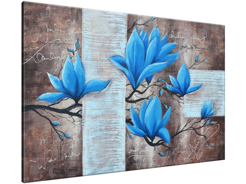 Schilderij handgeschilderd Magnolia | Blauw , Grijs , Bruin | 120x70cm 1Luik
