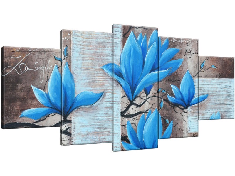 Schilderij handgeschilderd Magnolia | Blauw , Grijs , Bruin | 150x70cm 5Luik