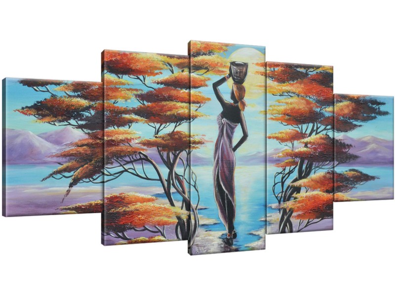 Schilderij handgeschilderd Afrika | Paars , Bruin , Blauw | 150x70cm 5Luik