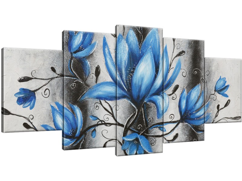 Schilderij handgeschilderd Magnolia | Blauw , Grijs | 150x70cm 5Luik