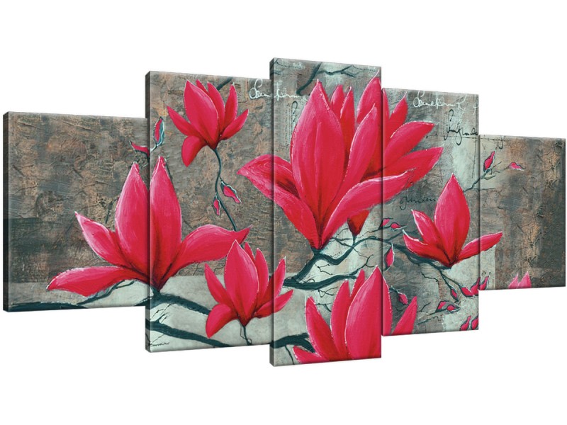 Schilderij handgeschilderd Magnolia | Rood , Grijs , Bruin | 150x70cm 5Luik
