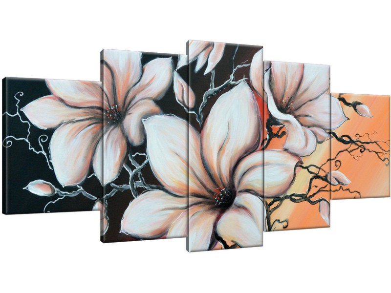 Schilderij handgeschilderd Magnolia | Bruin , Zwart , Oranje | 150x70cm 5Luik