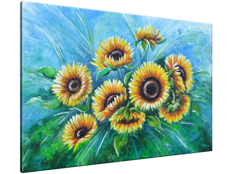 Schilderij handgeschilderd Zonnebloem | Geel , Bruin , Groen | 120x70cm 1Luik