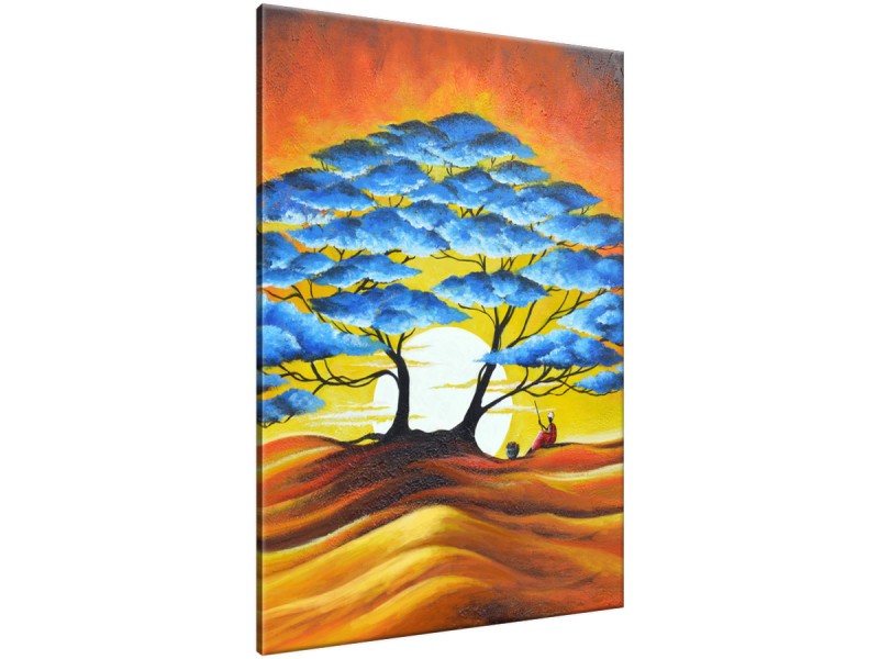 Schilderij handgeschilderd Boom | Blauw , Bruin , Oranje | 70x120cm 1Luik