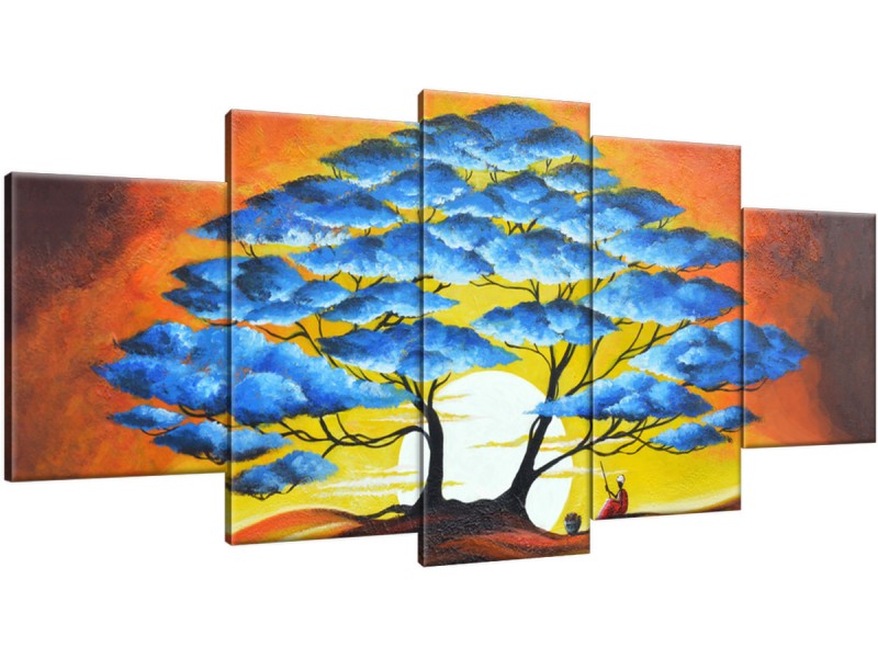 Schilderij handgeschilderd Boom | Blauw , Bruin , Oranje | 150x70cm 5Luik