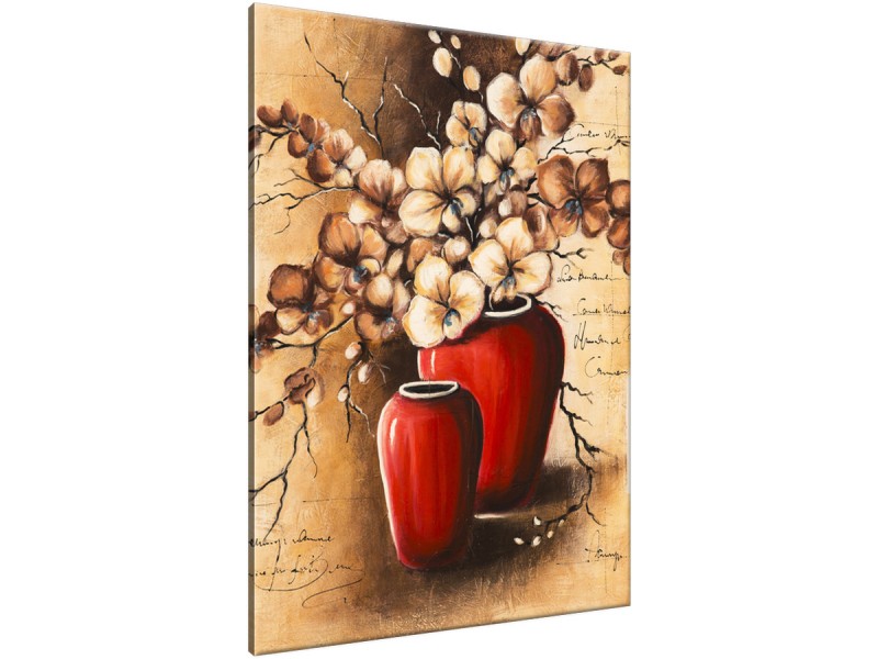 Schilderij handgeschilderd Bloemen in vaas | Bruin , Rood | 70x120cm 1Luik