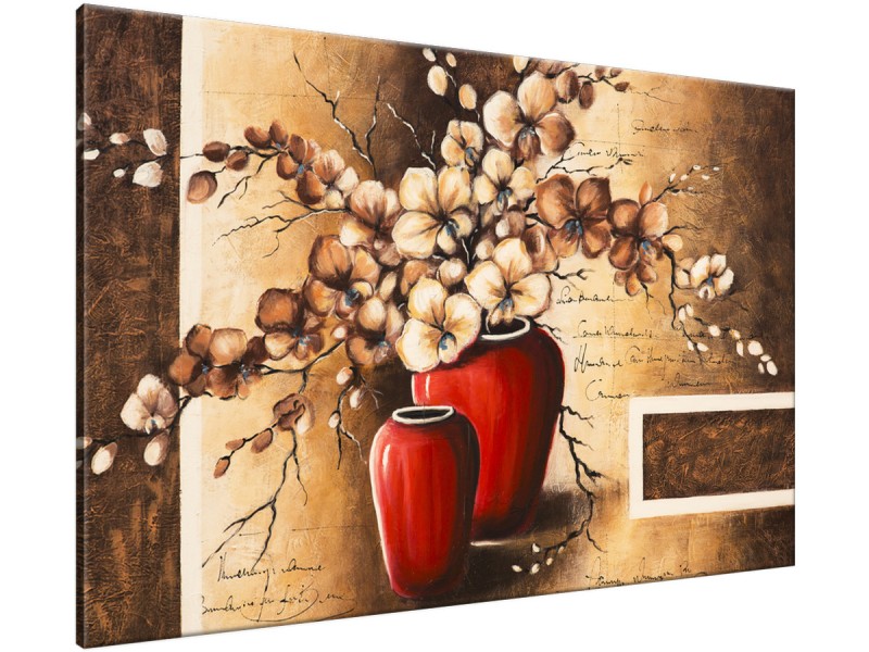 Schilderij handgeschilderd Bloemen in vaas | Bruin , Rood | 120x70cm 1Luik