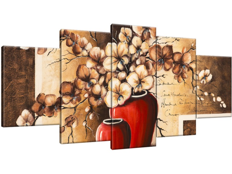 Schilderij handgeschilderd Bloemen in vaas | Bruin , Rood | 150x70cm 5Luik
