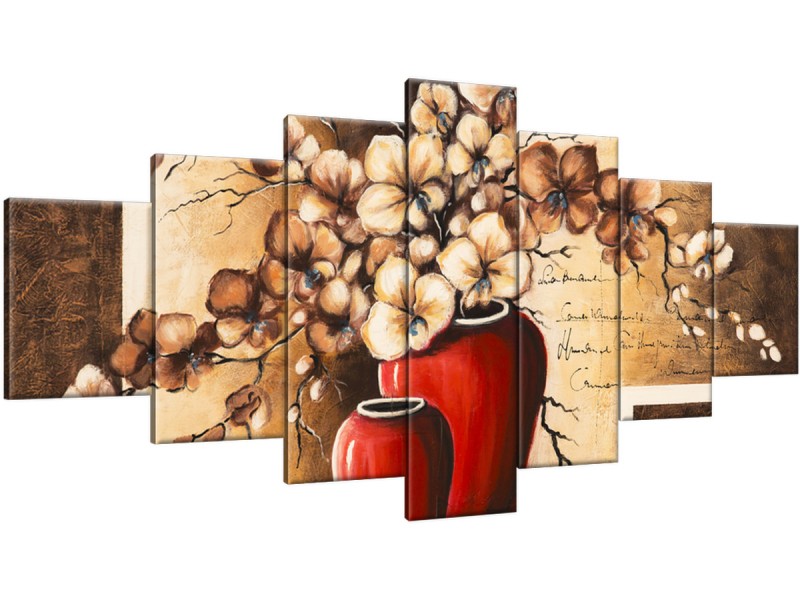 Schilderij handgeschilderd Bloemen in vaas | Bruin , Rood | 210x100cm 7Luik