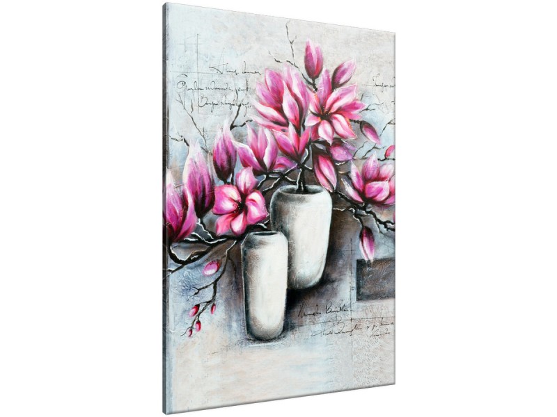 Schilderij handgeschilderd Bloemen in vaas | Roze , Paars , Grijs | 70x120cm 1Luik