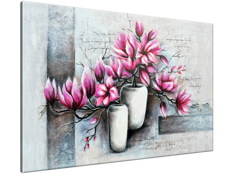 Schilderij handgeschilderd Bloemen in vaas | Roze , Paars , Grijs | 120x70cm 1Luik