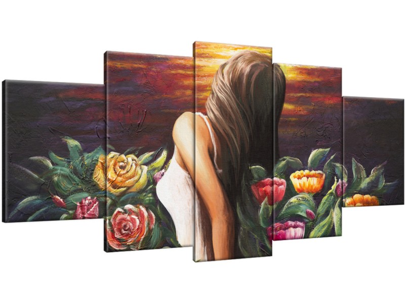 Schilderij handgeschilderd Vrouw | Bruin , Geel , Groen | 150x70cm 5Luik